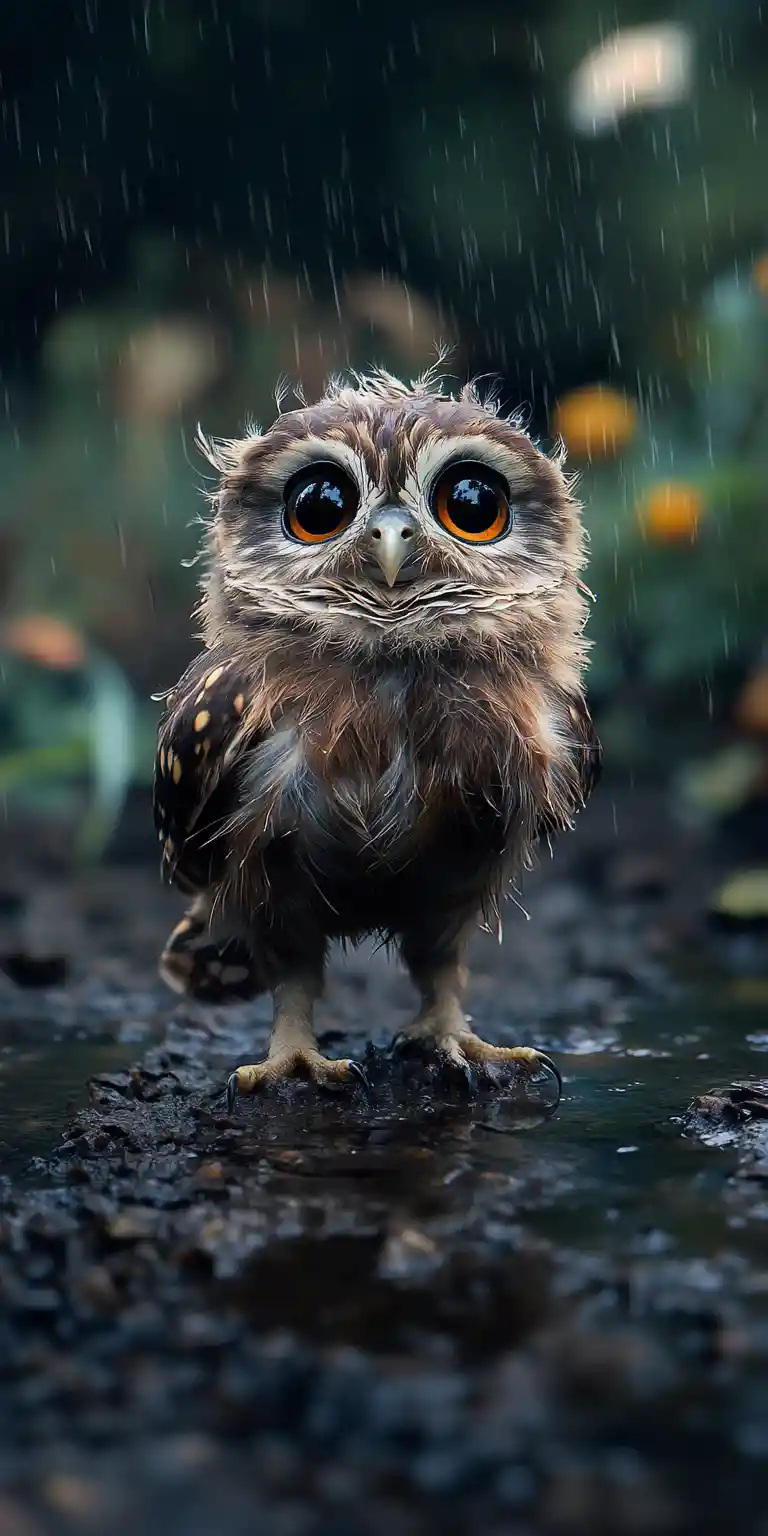 Fluffy owl in a rainy twilight puddle with glowing eyes