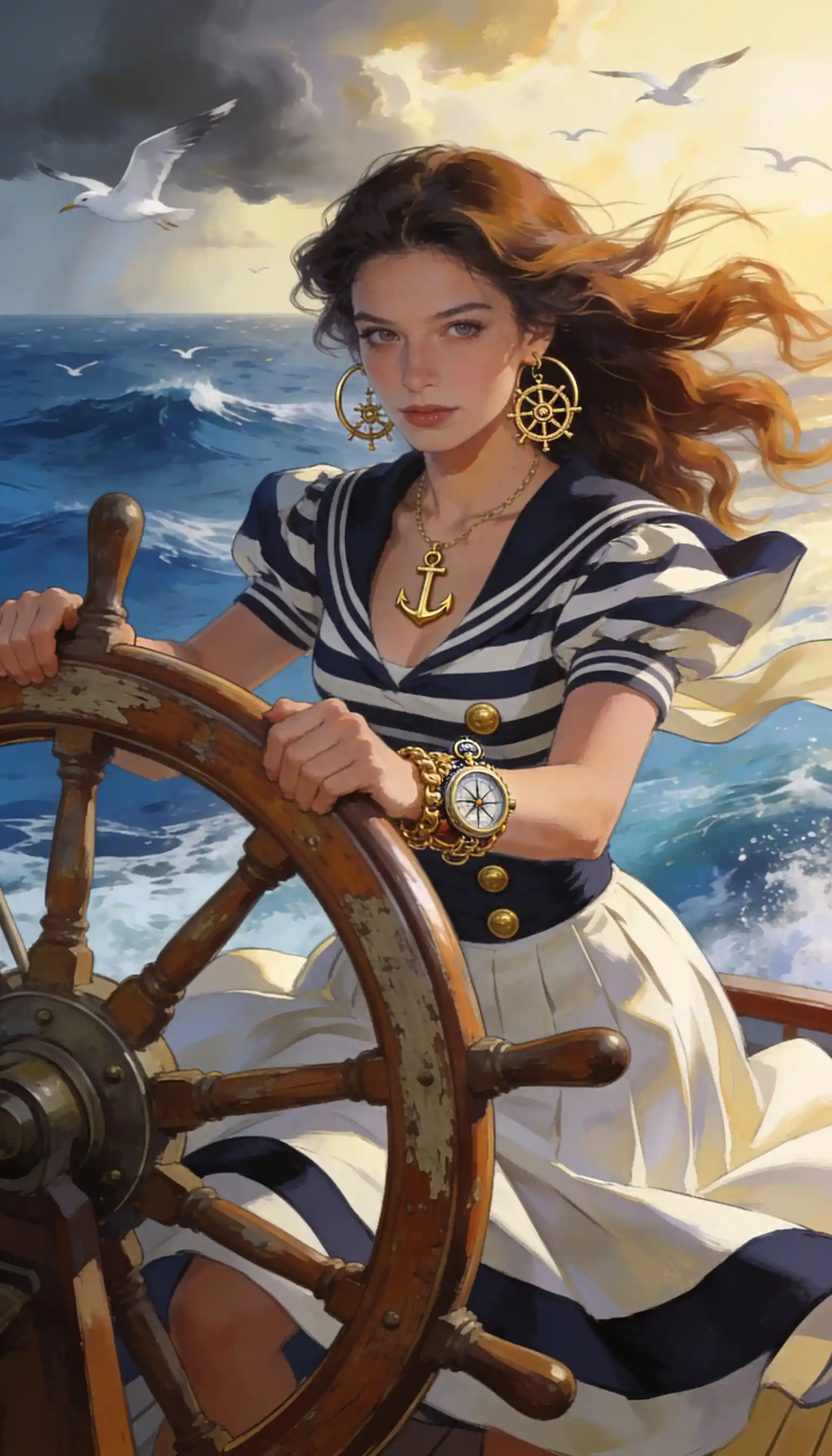 Quirky woman steering a ship wheel in ocean breeze