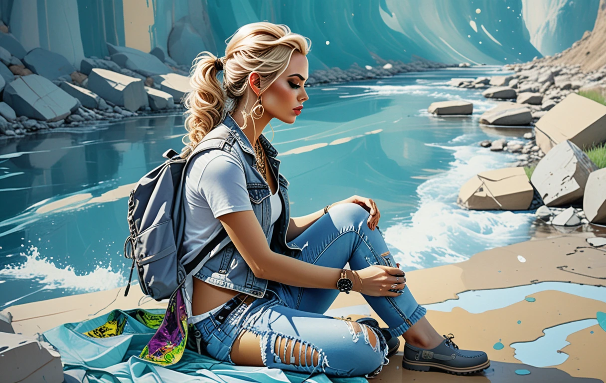 Blonde woman sketching by a quiet forest creek