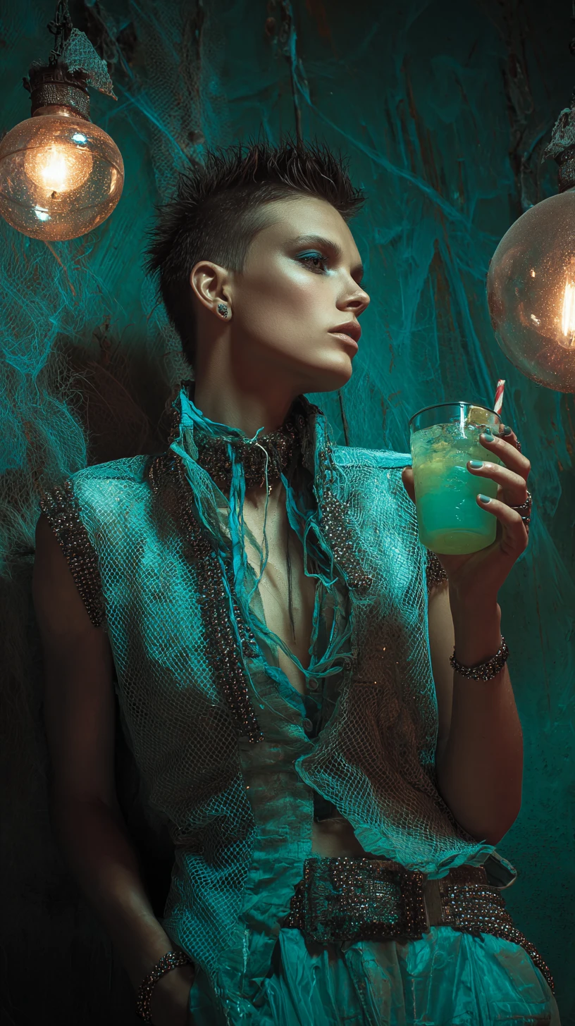 Spiked turquoise cocktail in a dim sketchy bar interior