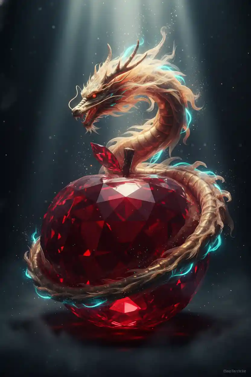 Dragon éthéré fumant enroulé autour d’une pomme en rubis taillé
