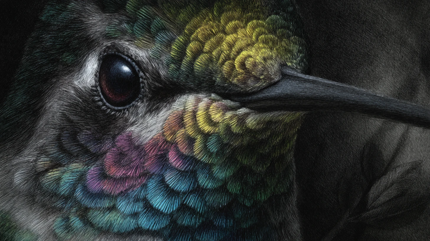 Retrato Surreal de Colibrí al Carbón con Detalles Brillantes