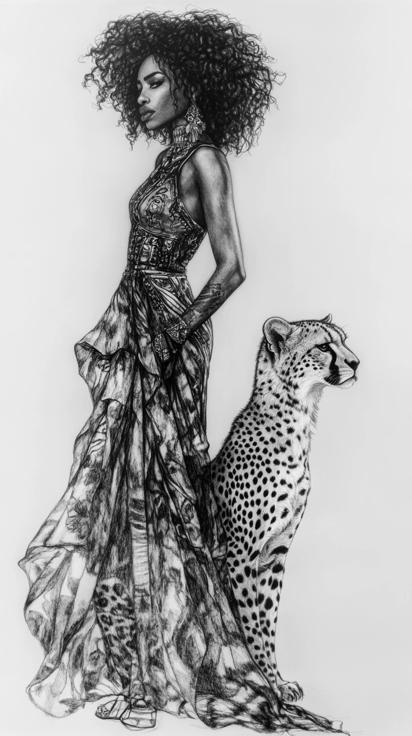 Elegant woman with afro standing beside a poised cheetah