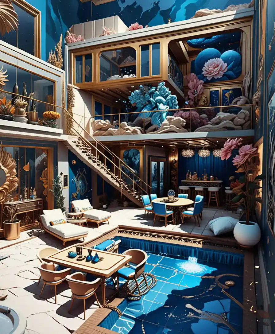 Sala da pranzo in miniatura isometrica con camera soppalcata e elemento d’acqua