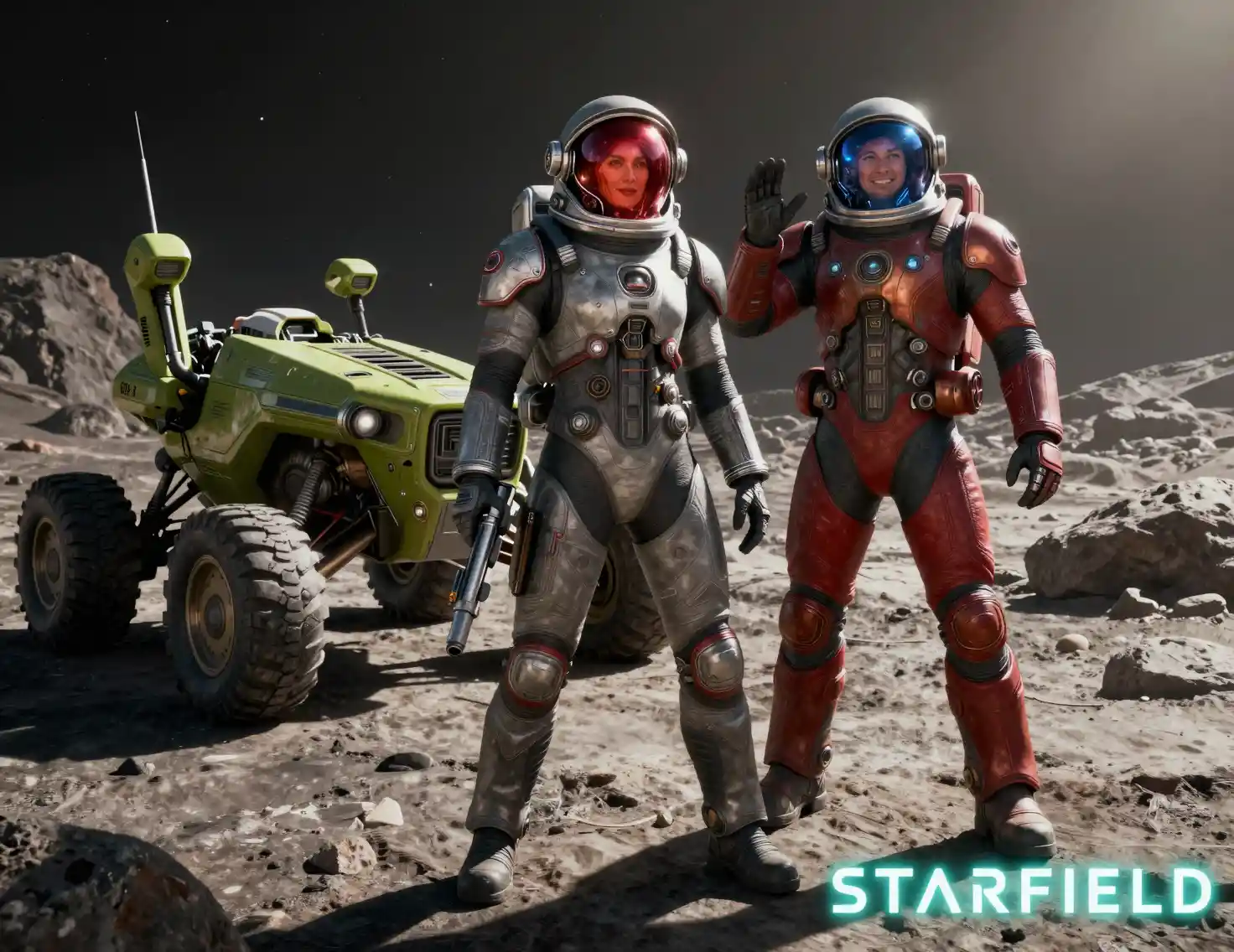 Dos astronautas exploran un paisaje rocoso en una luna alienígena
