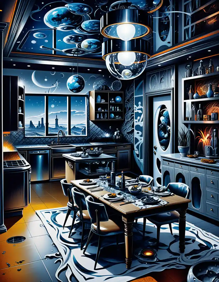Comedor cósmico isométrico con bar y fuente de agua interior