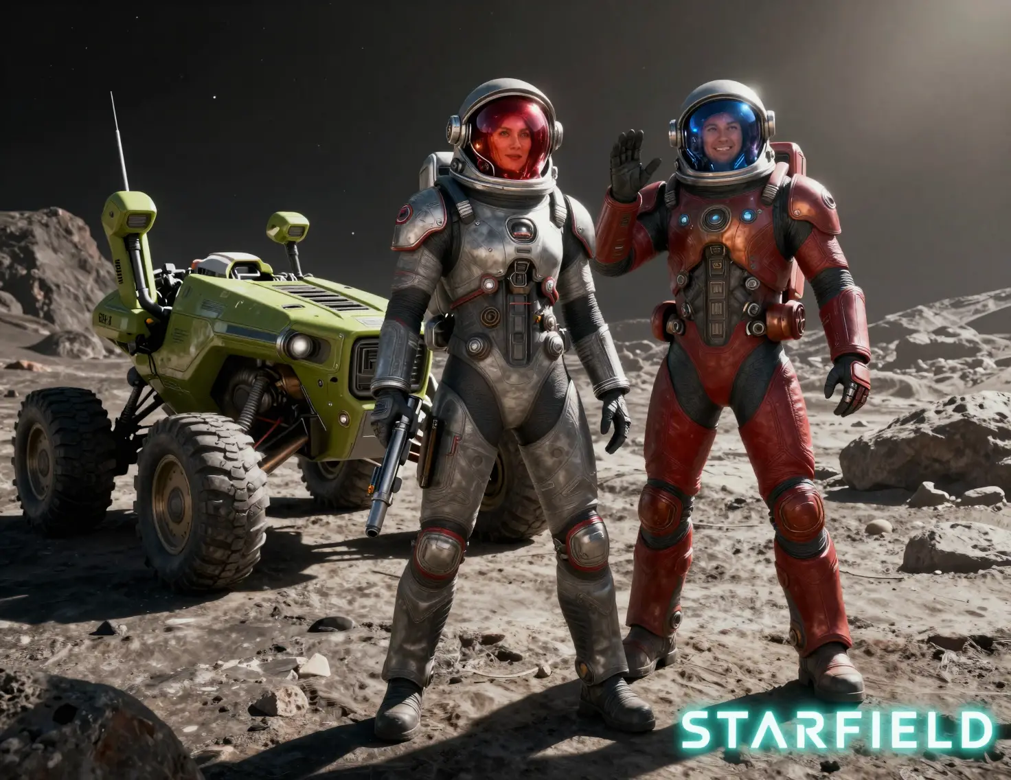 Two astronauts exploring a rocky alien moon landscape