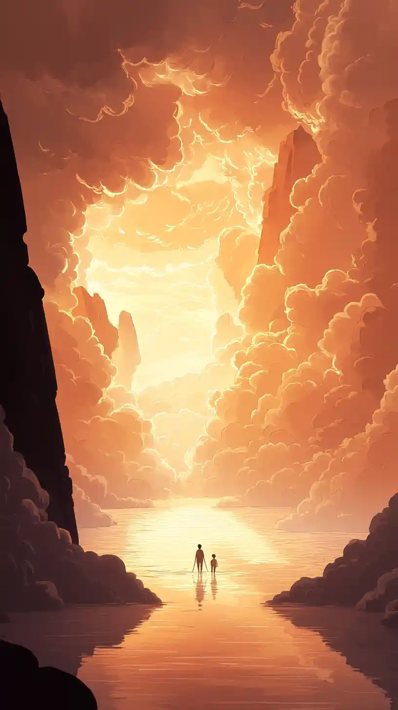 Cartoon boys exploring a surreal cathedral of clouds