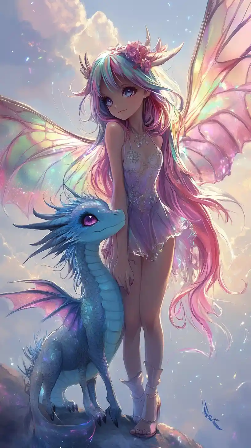 Anime-Feenmädchen mit kleinem Drachen unter traumhaftem Himmel