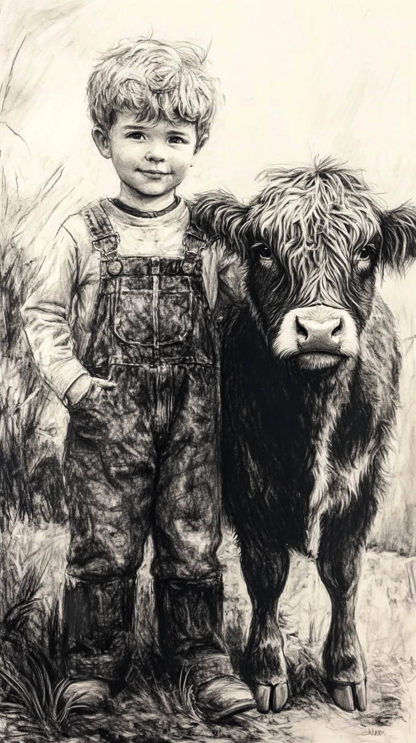 Dibujo a carbón de joven niño granjero con vaca Highland