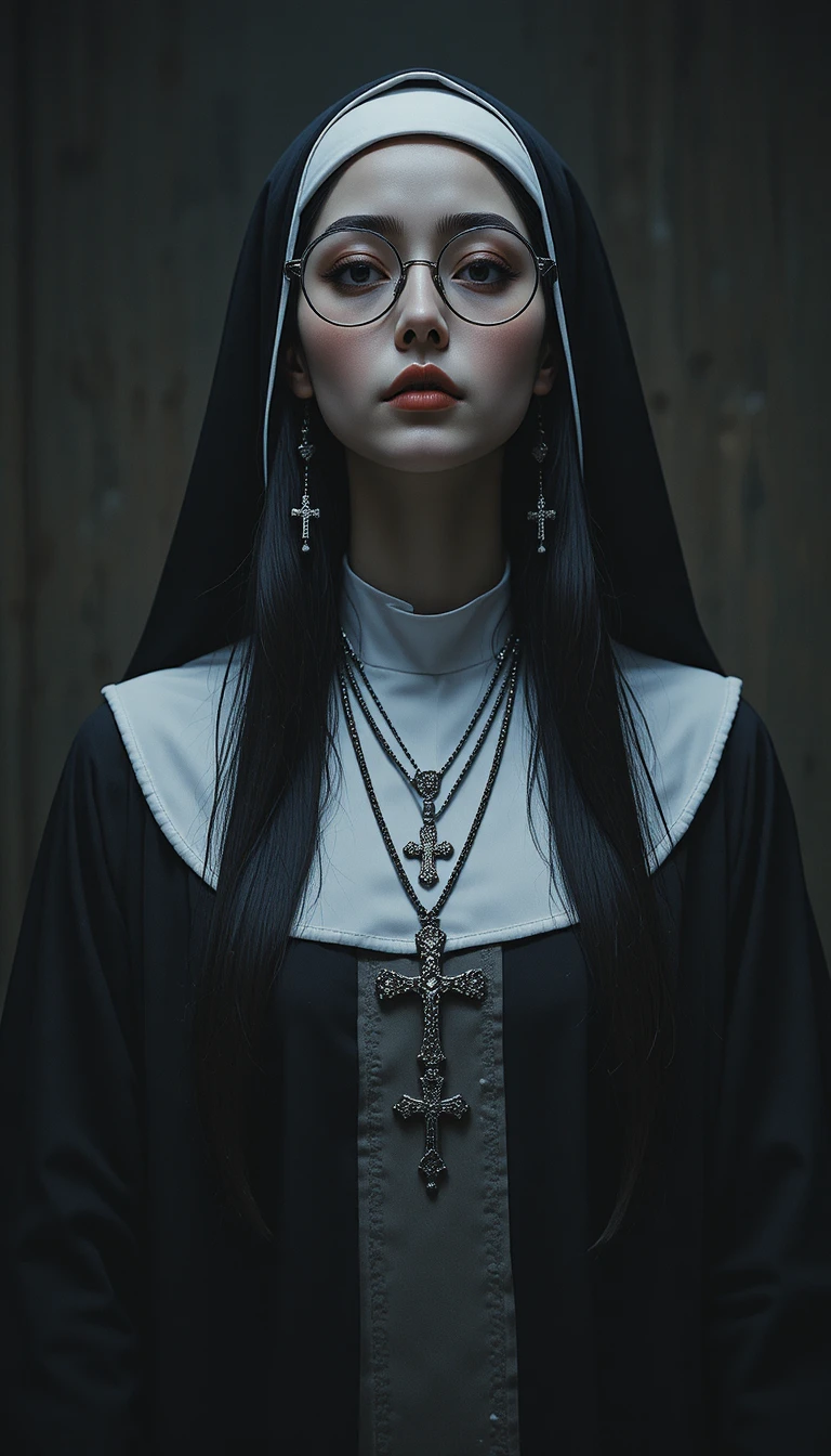 Sad nun in glasses standing in dim cinematic light