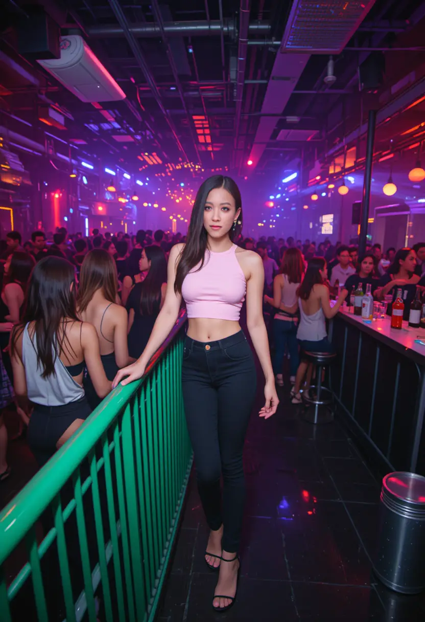 Confident woman posing by railing in vibrant nightclub