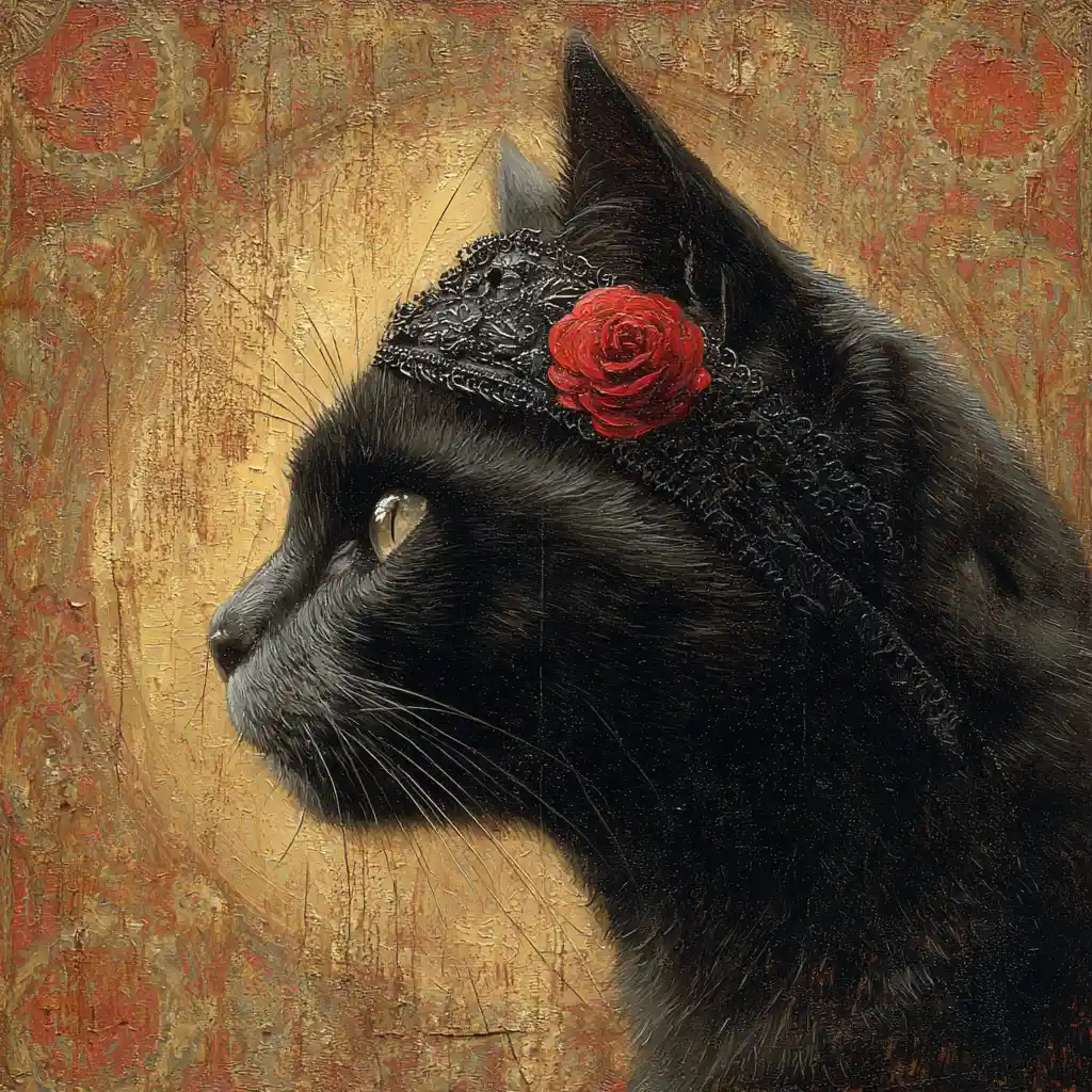 Chat noir de profil avec serre-tête orné de roses