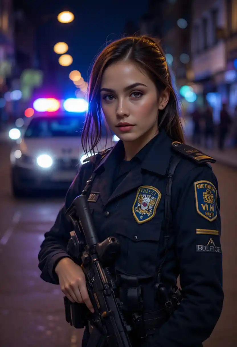 Tall policewoman standing by patrol car on quiet night street