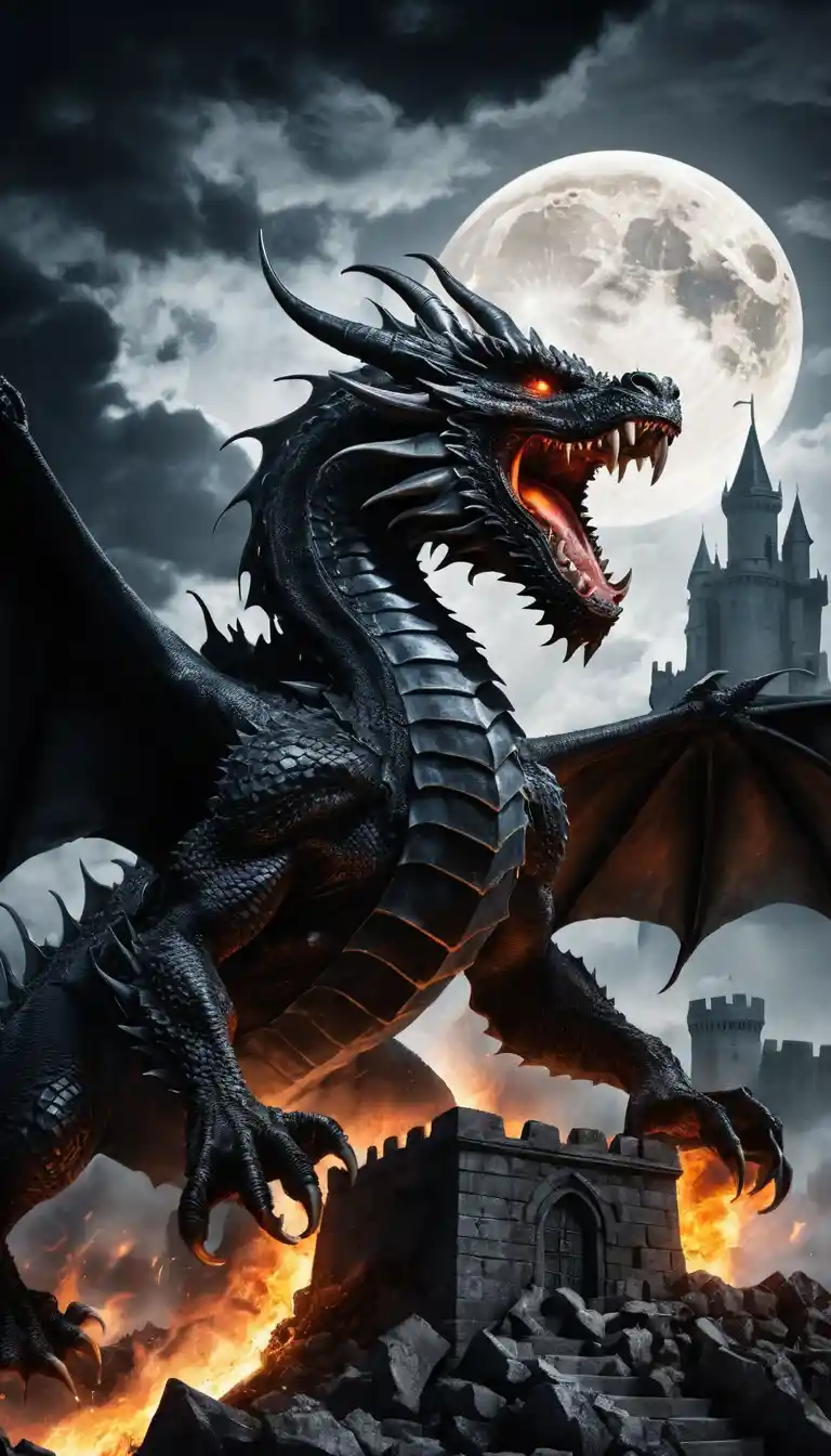 Black dragon attacking a ruined castle under full moon