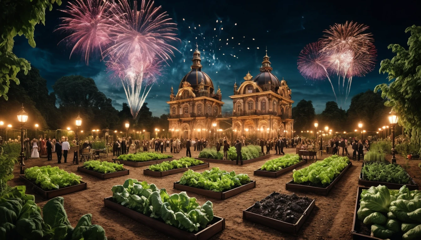 Royal figures in a baroque steampunk vegetable garden at night