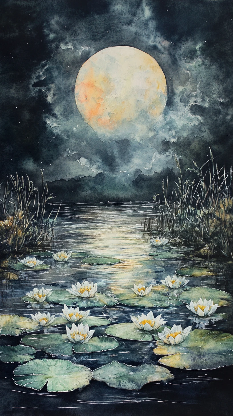 Watercolor daffodils floating on a moonlit tranquil lake