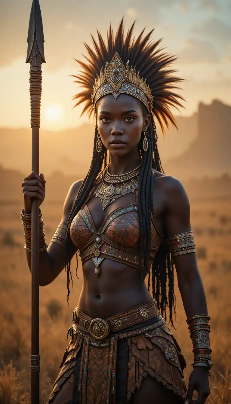 African warrior queen standing with spear under warm sunlight