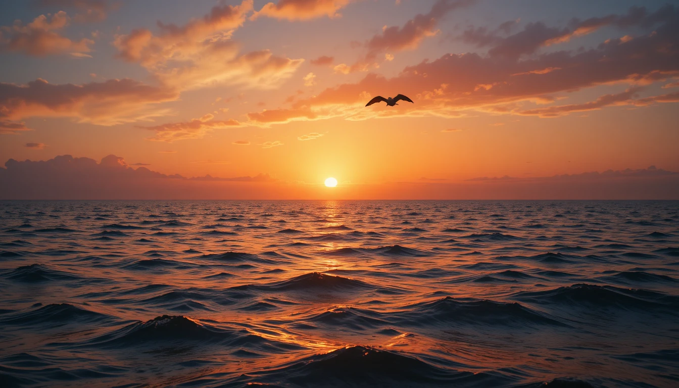 Coucher de soleil marin serein avec oiseau de mer solitaire en vol