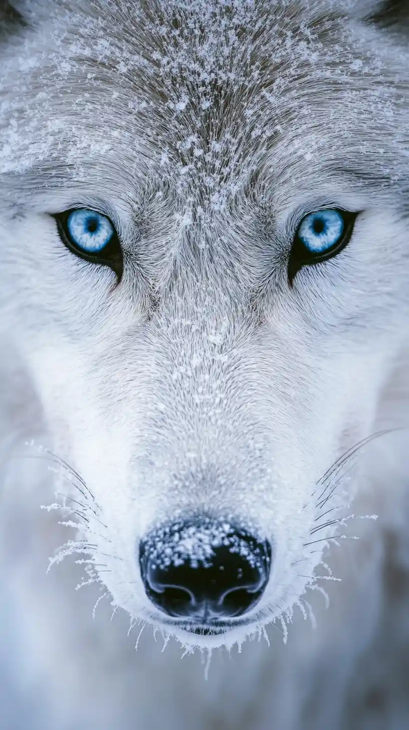 Extreme close up of frosted arctic wolf face in snow