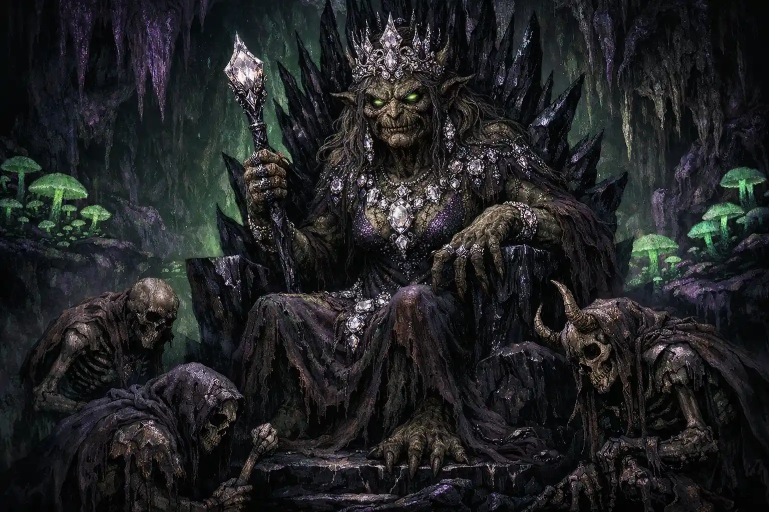 Antiga rainha troll em um trono de obsidiana no subsolo