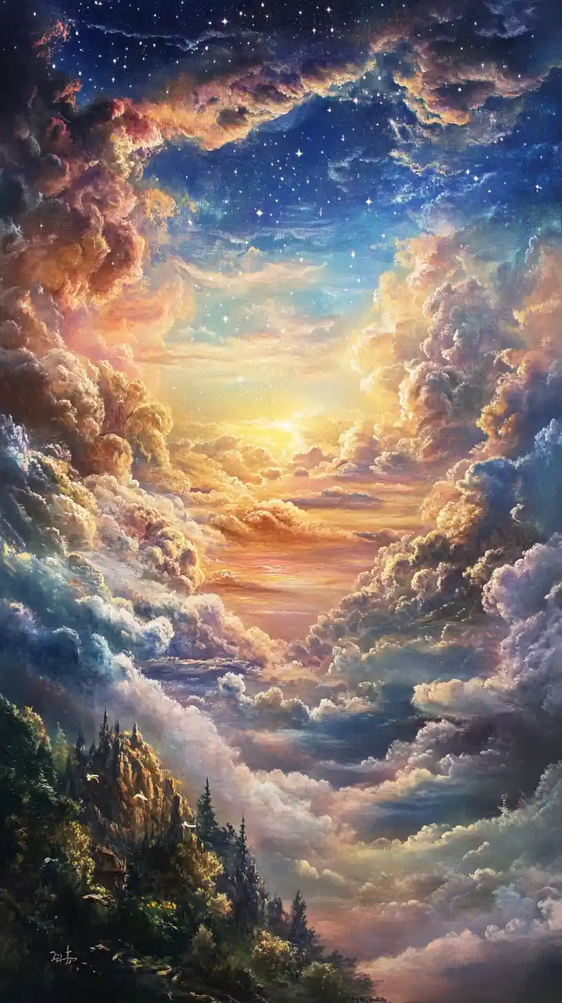 Peaceful fantasy painting of a clear sky with clouds