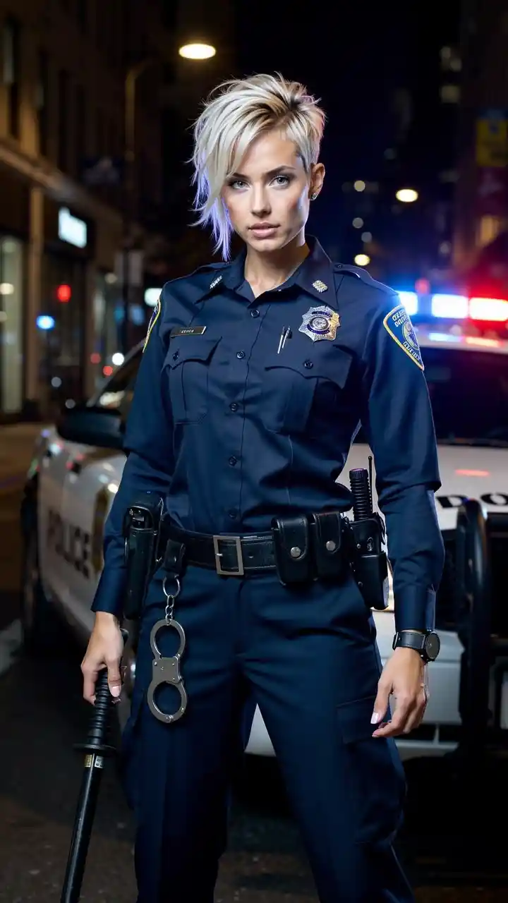Female police officer on night patrol with squad car