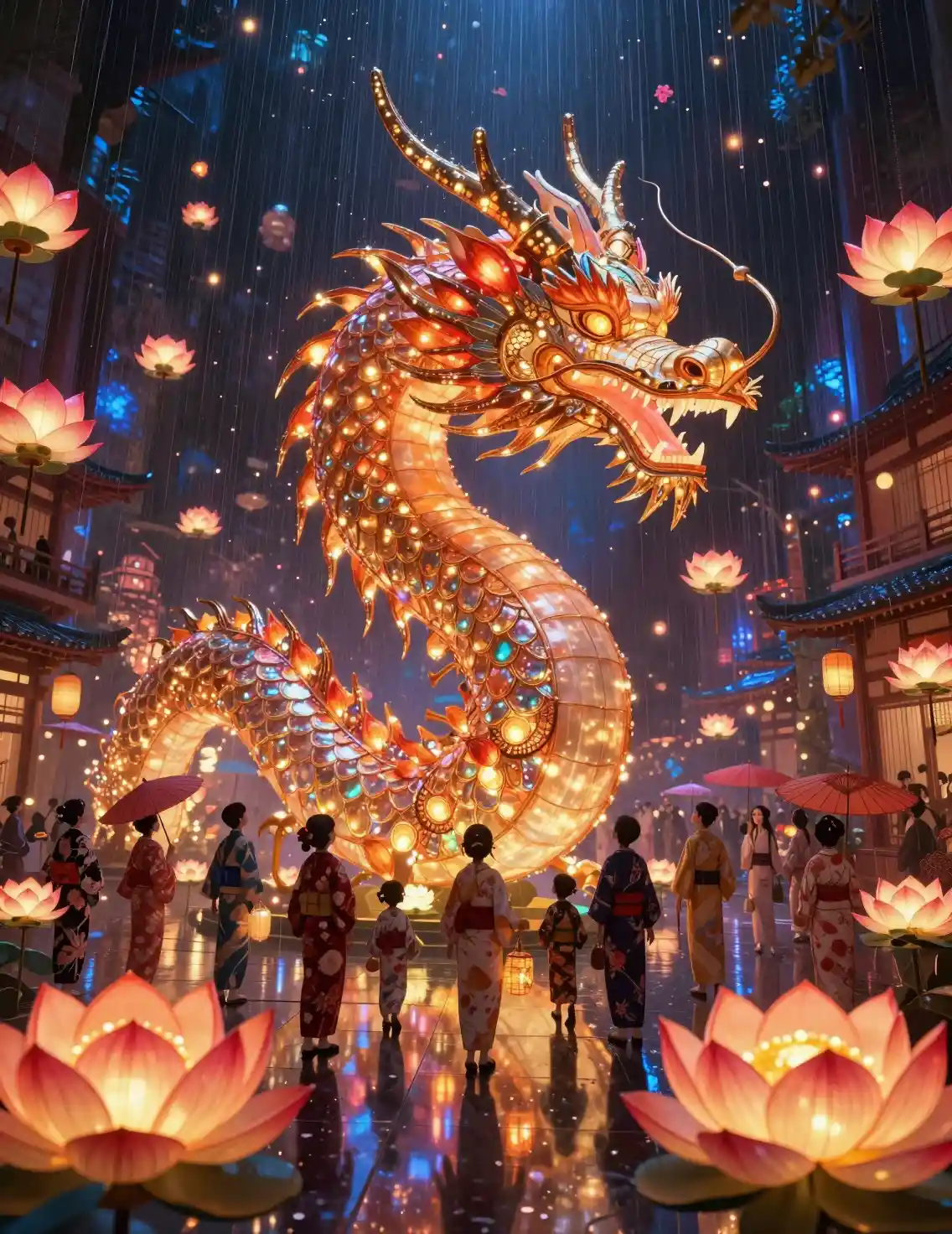 Dragon-Lotus de Lanternes S’enroulant dans un Espace de Festival Infini
