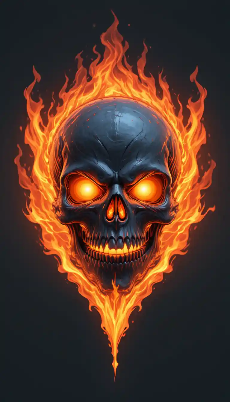 Flaming skull with glowing eyes on black background