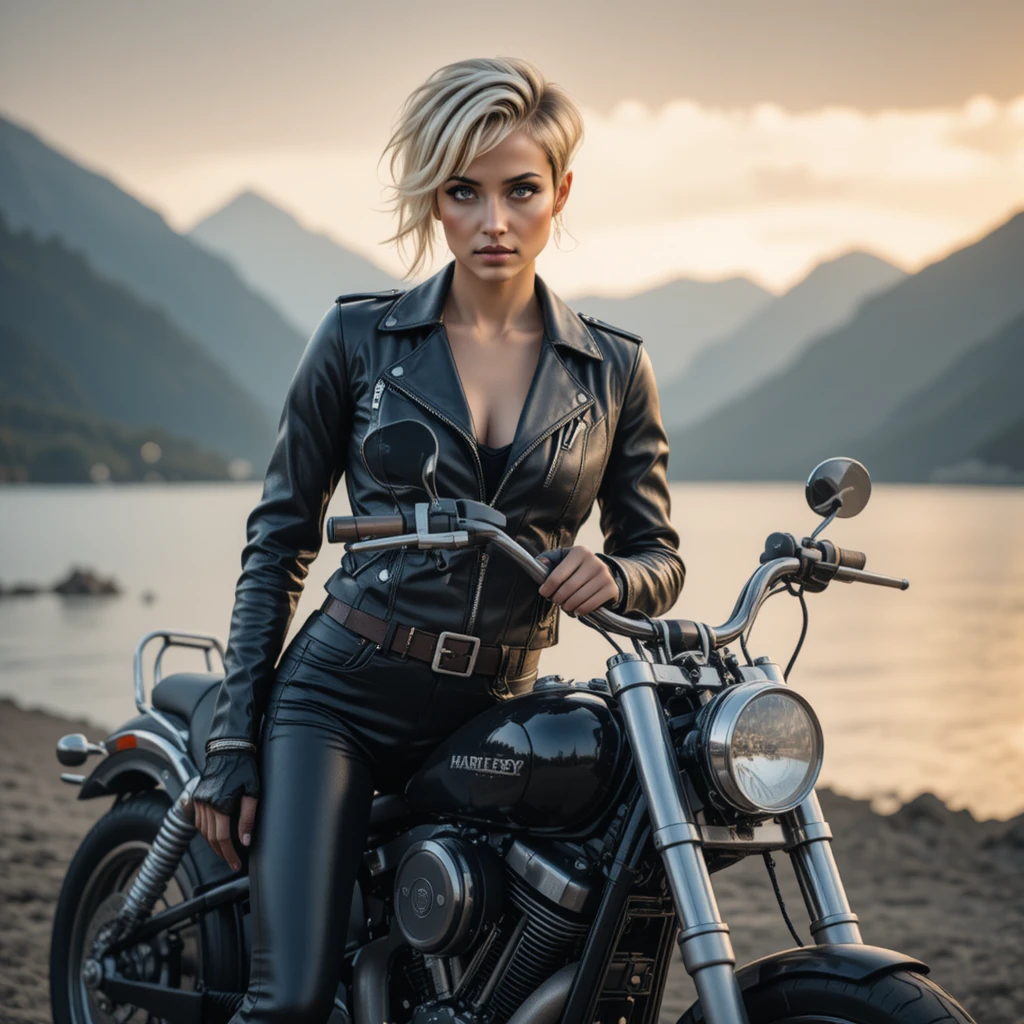 Selbstbewusste Frau lehnt an Motorrad am Bergsee