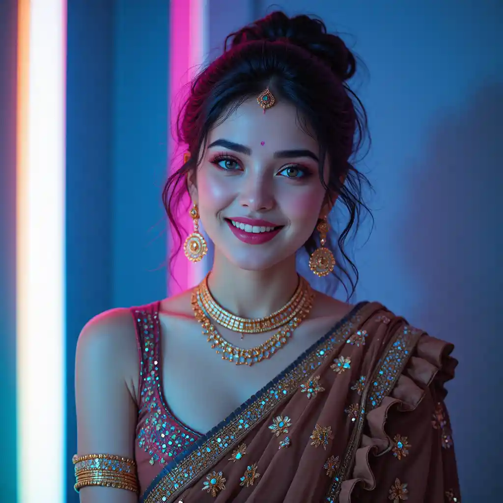 Donna gioiosa in sari di strass sotto luce al neon blu e magenta