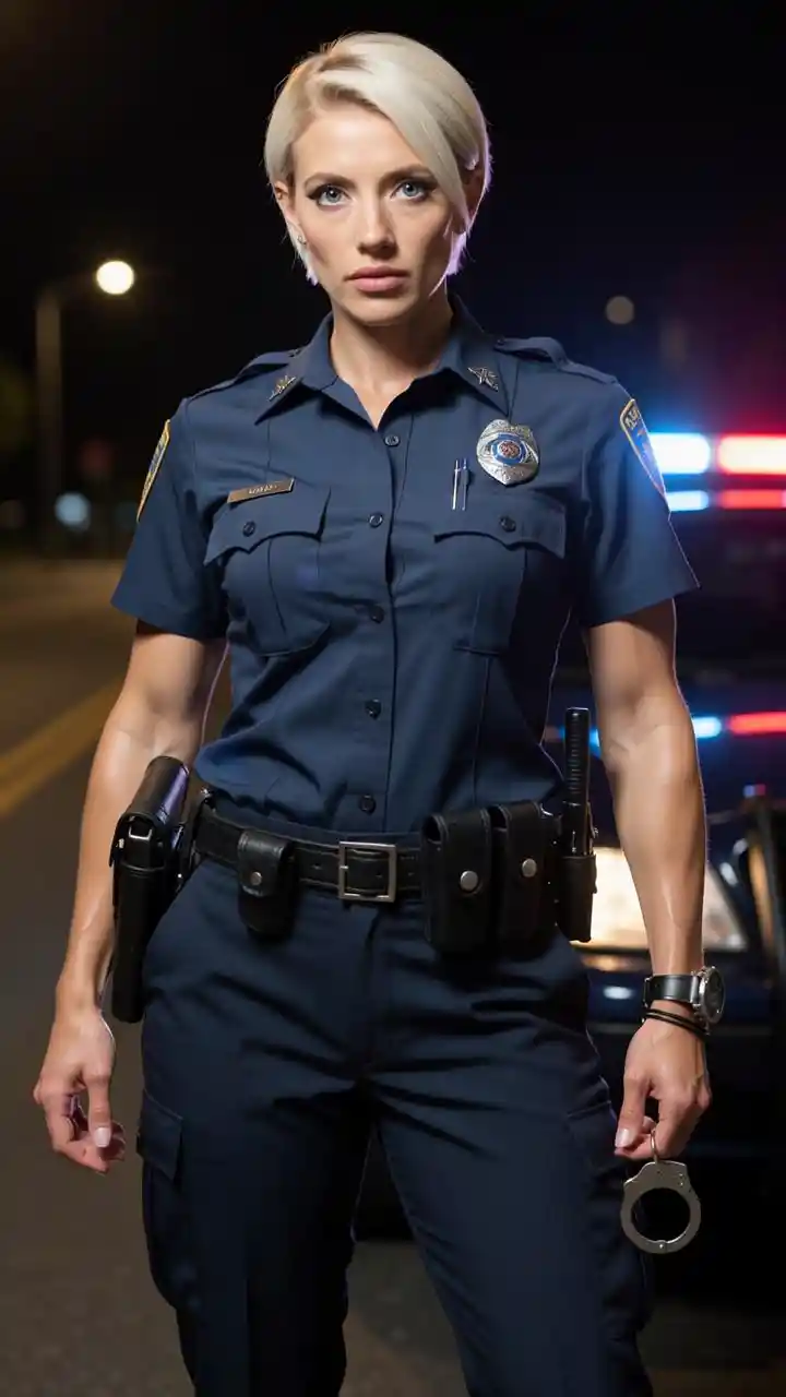 Seductive policewoman standing alert by patrol car at night