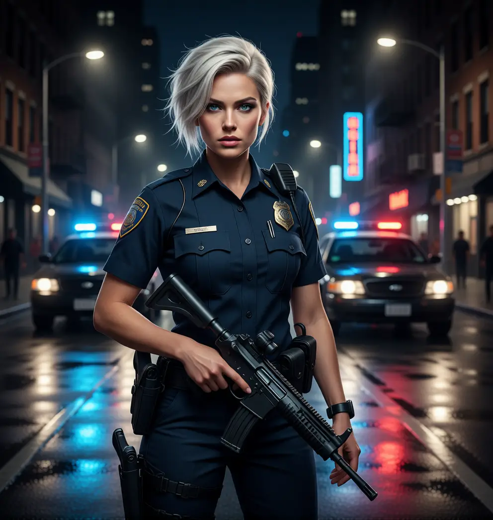 Seductive policewoman standing alert by patrol car at night