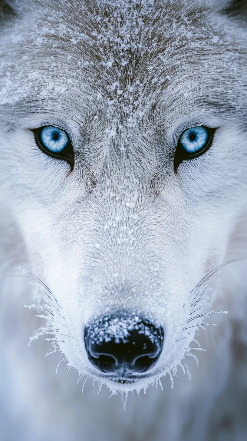 Primerísimo plano del rostro helado de un lobo ártico en la nieve