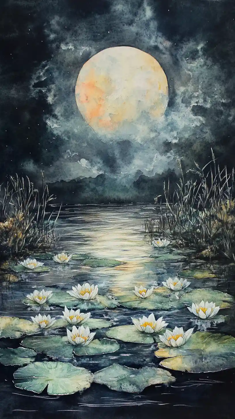 Watercolor daffodils floating on a moonlit tranquil lake