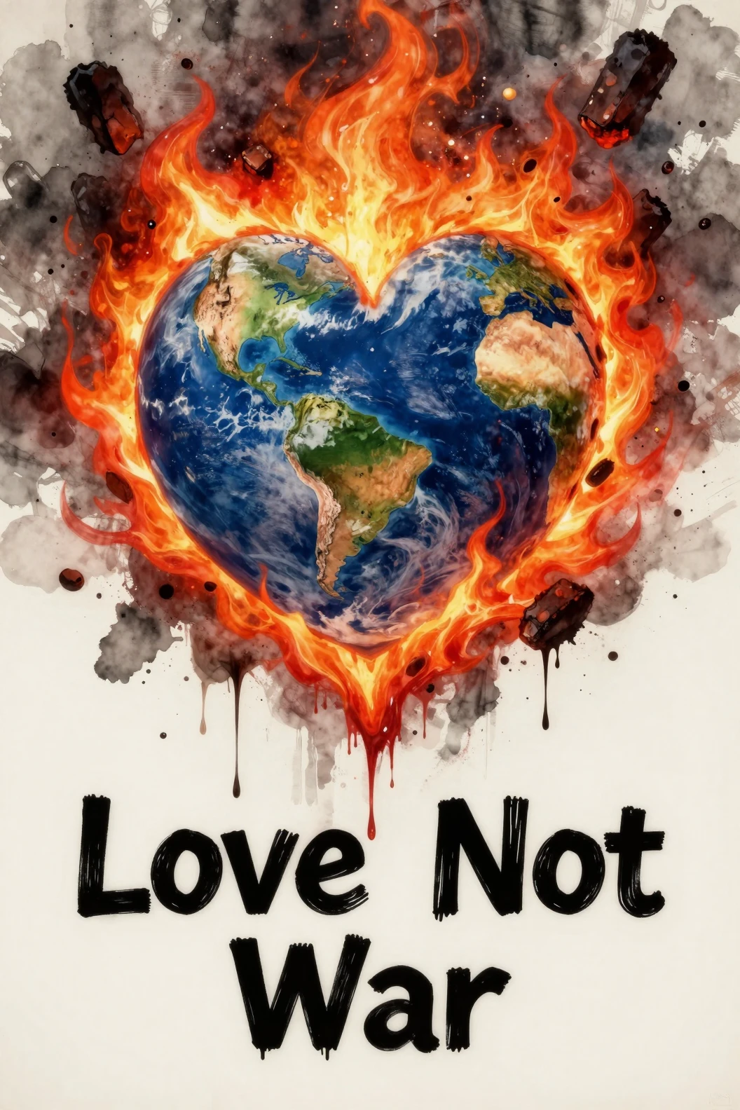 Tierra en llamas con forma de corazón y grafiti Love Not War