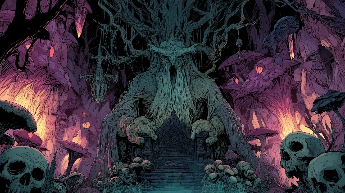 Antiga rainha troll em trono de obsidiana na caverna