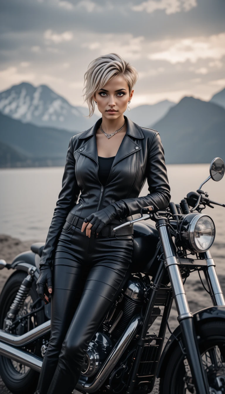Biker donna stilosa che posa con moto a un lago di montagna