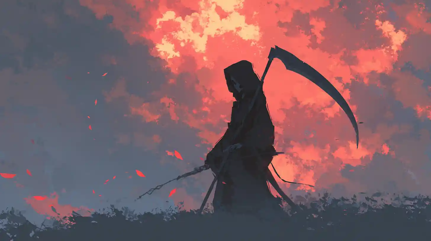 Mietitore in drammatica illustrazione fantasy anime in stile pittorico