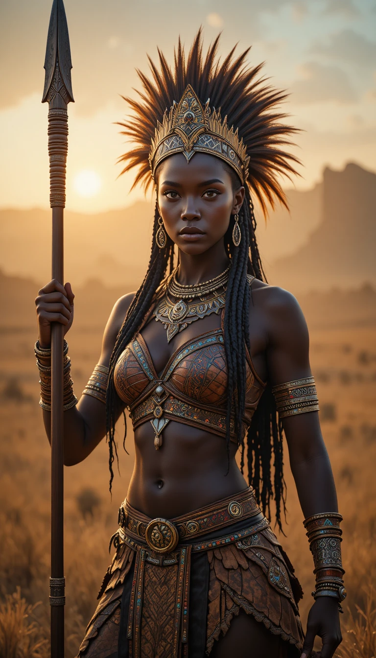 African warrior queen standing with spear under warm sunlight
