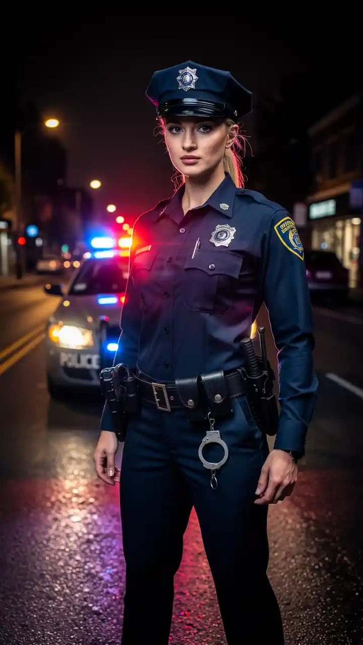 Seductive blonde policewoman in blue uniform on night street
