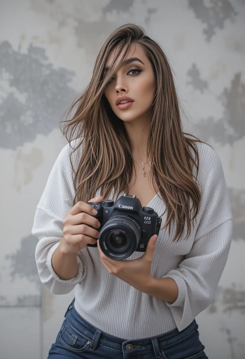 Nahaufnahme einer Fotografin mit spiegelloser Canon-Kamera