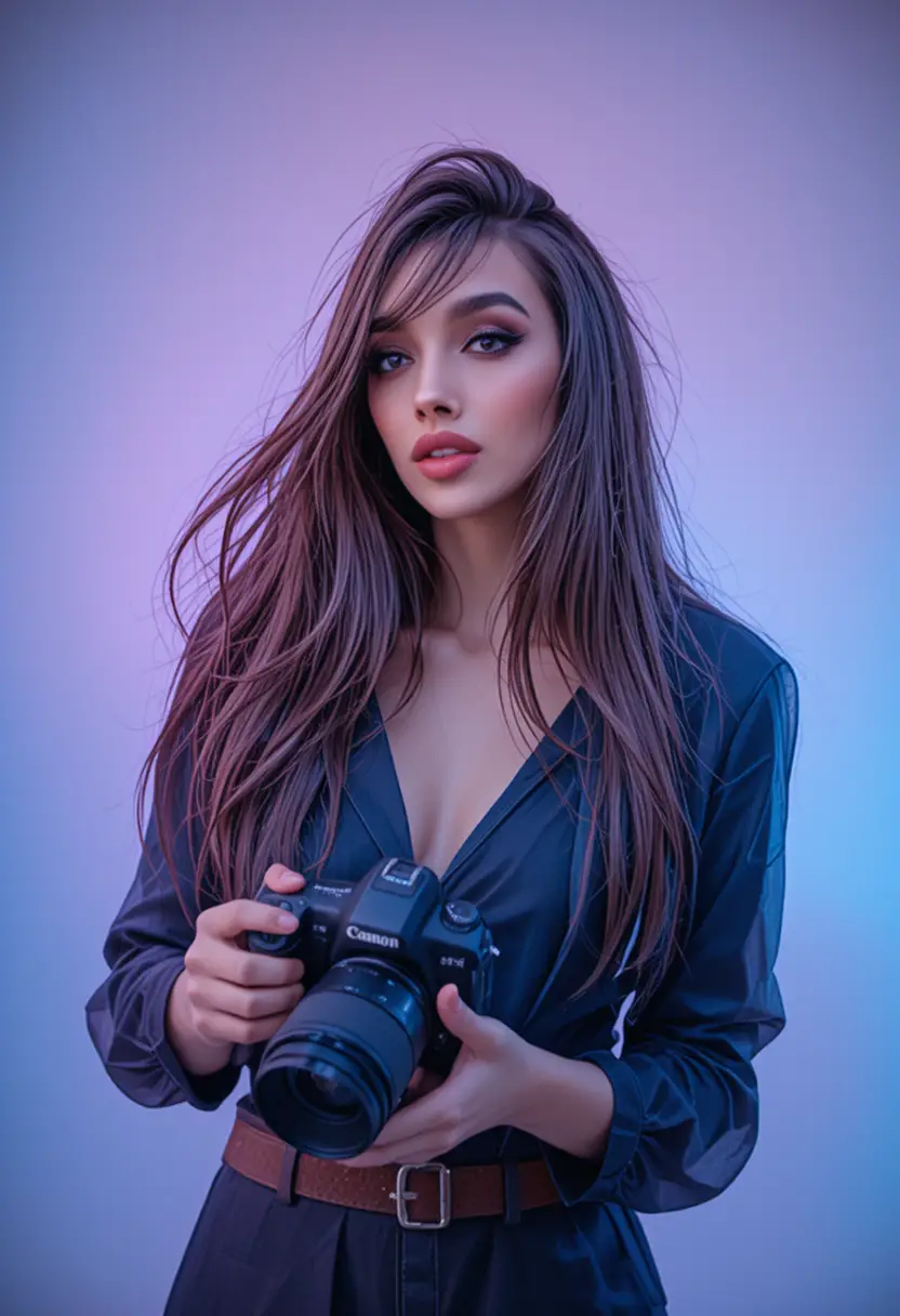 Fotografin hält Canon spiegellose Kamera aus der Nähe