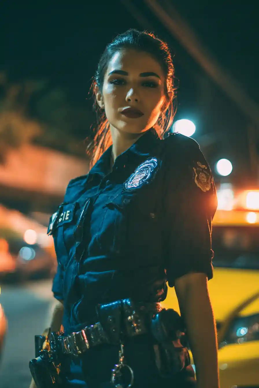Tall blonde policewoman beside patrol car at night