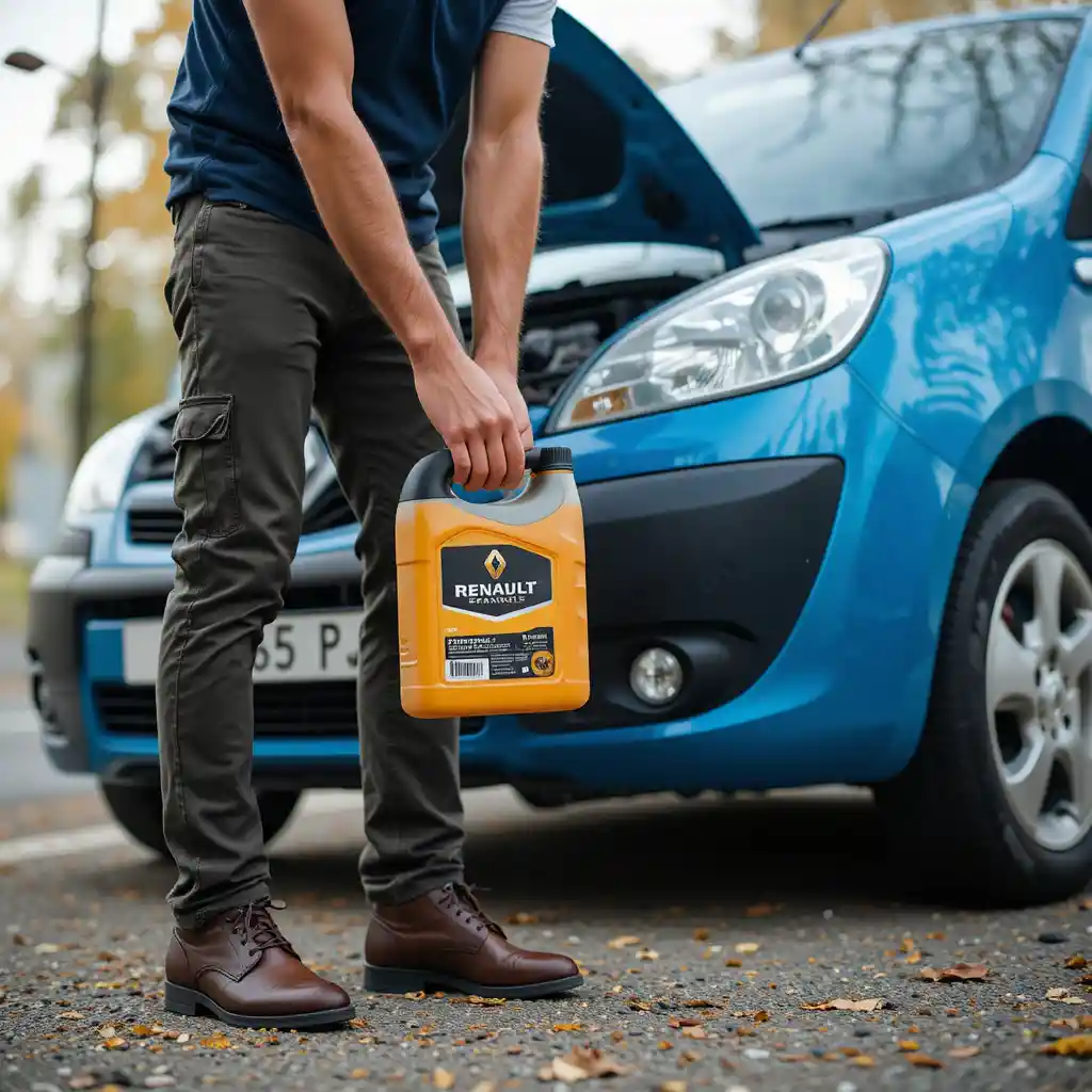 Uomo che tiene una tanica di olio motore accanto a un furgone blu con cofano aperto