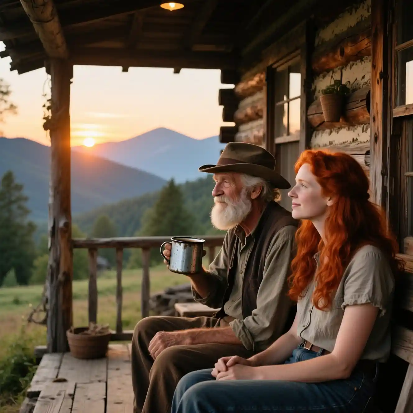 Old man and redhead watching sunrise from cabin porch
