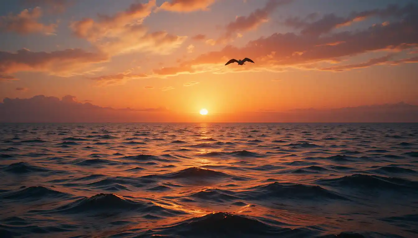 Atardecer marino sereno con ave solitaria en vuelo