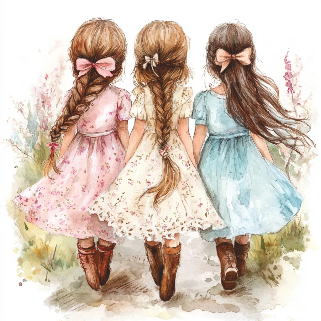 Three young girls walking backward toward a blooming garden