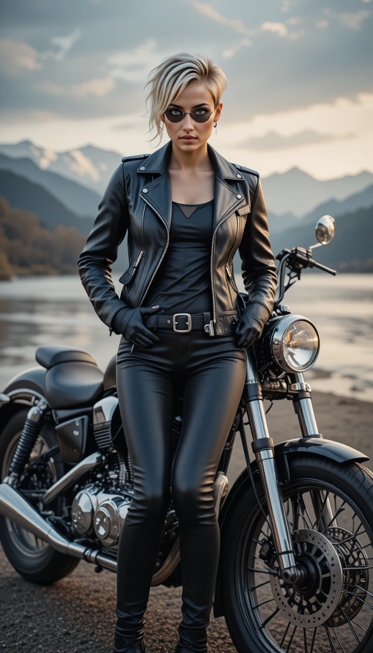 Elegante motociclista donna appoggiata a una moto presso un lago di montagna
