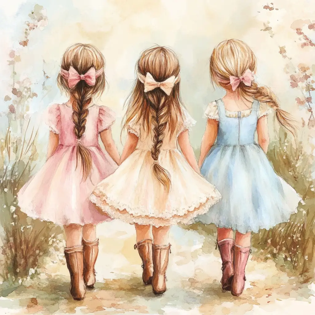 Three little girls walking backward toward a blooming garden